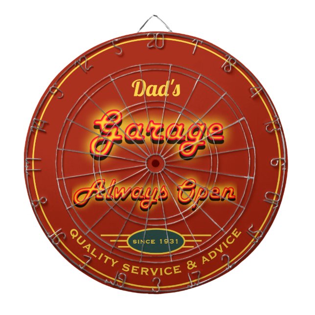 Pappa Garage Faux Neon Namn Mörk Orange Red   Darttavla (Framsidan)