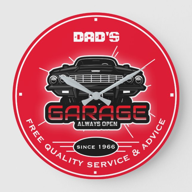 Pappa Garage For Any Namn Red Black White Stor Klocka (Framsida)