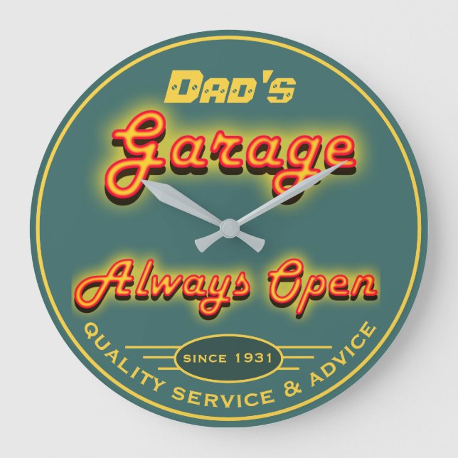 Pappa Garage Gult & Teal Neon See any Namn - Stor Klocka (Framsida)