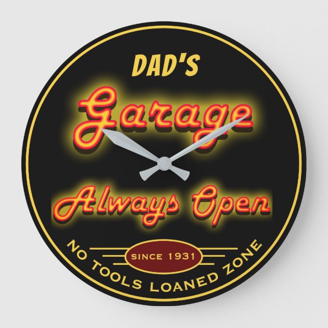 Pappa Garage Öppna alltid utan Verktyg-lån Zonare Stor Klocka (Framsida)