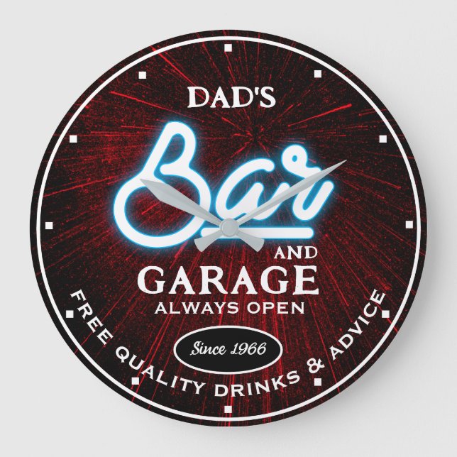 Pappa Garage Pub Any Namn Alltid Open Slogan Stor Klocka (Framsida)