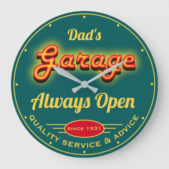 Pappa Garage Red Gult Neon Effect Date Namn Teal Stor Klocka (Framsida)