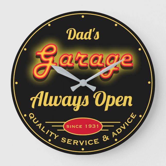 Pappa Garage Red Gult Neon Titta på Namn Black Stor Klocka (Framsida)