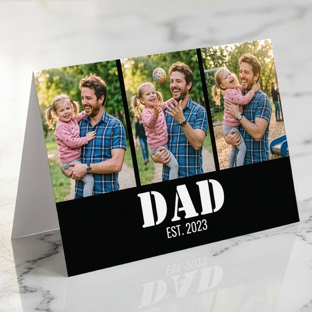 Pappa Grundade 3-Photo Fet Vit & Svart Modern Kort (Dad Established 3-Photo Bold White & Black Modern Greeting Card)