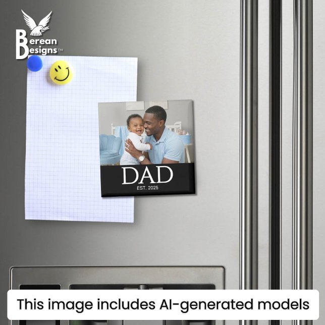 Pappa Grundade Foto Present Magnet (DAD ESTABLISHED black magnet with customizable photo and year. Ideal gift for Father's Day. )