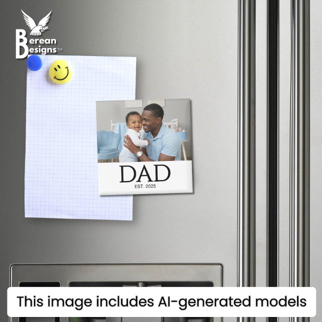 Pappa Grundade Foto Present Magnet (DAD ESTABLISHED white magnet with customizable photo and year. Ideal gift for Father's Day. )