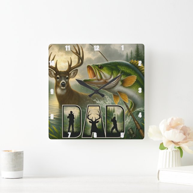 Pappa Hjort Hunting Fishing Wildlife Fyrkantig Klocka (Hem)