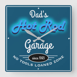 Pappa Hot rod Garage Blue Faux med vit text Fyrkantig Klocka