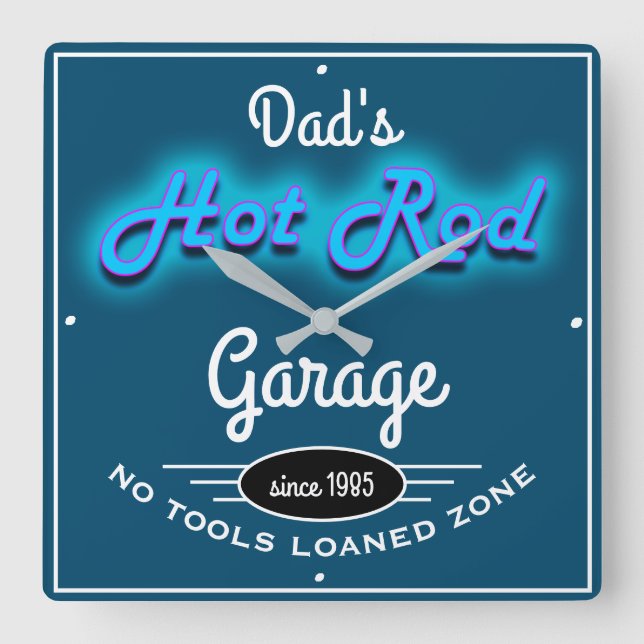 Pappa Hot rod Garage Blue Faux med vit text Fyrkantig Klocka (Framsida)