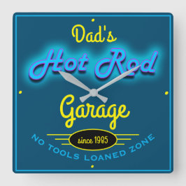 Pappa Hot rod Garage Blue Faux Neon look & Gult Fyrkantig Klocka