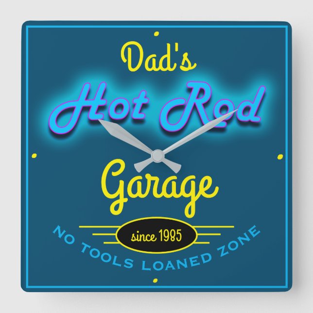 Pappa Hot rod Garage Blue Faux Neon look & Gult Fyrkantig Klocka (Framsida)