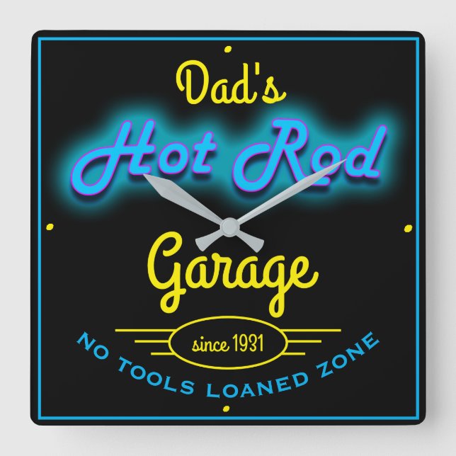 Pappa Hot rod Garage Blue Gult Faux Neon Effect Fyrkantig Klocka (Framsida)