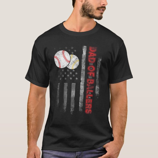 Pappa i Ballers American Flagga Baseball Softball  T Shirt (Framsida)