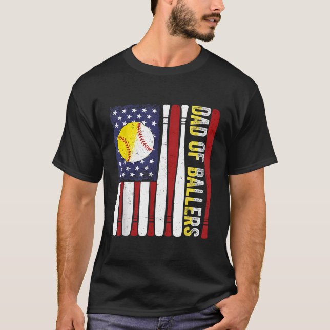 Pappa i Ballers Baseball Softball American Flagga T Shirt (Framsida)