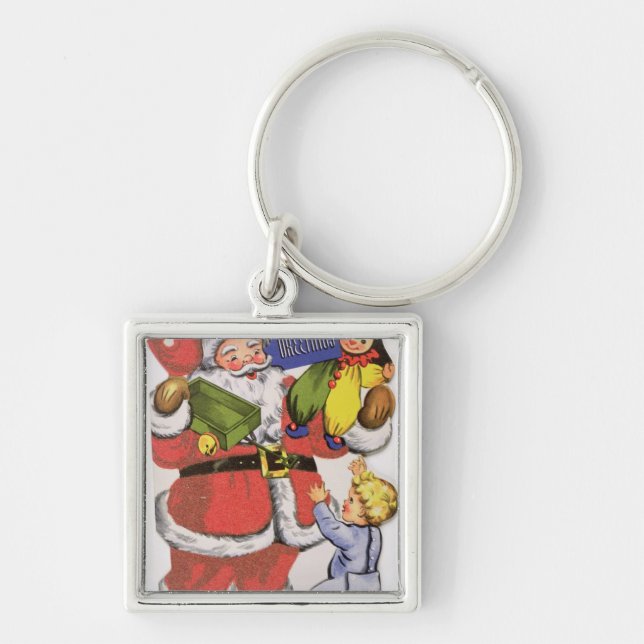 Pappa jul Victorianjulkort Fyrkantig Silverfärgad Nyckelring (Framsidan)