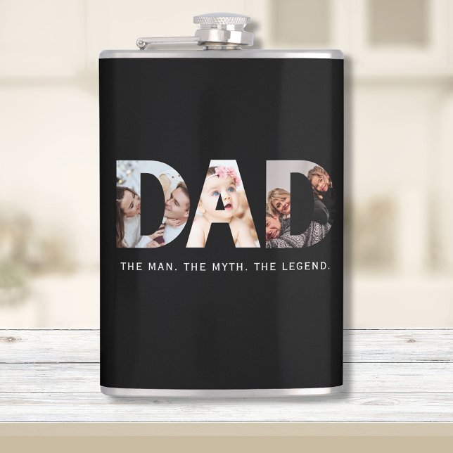 Pappa-legendarisk gåva med 3 fotosamlingar fickplunta (Dad flask, with 3 photo collage. Text: "The man. The myth. The legend")