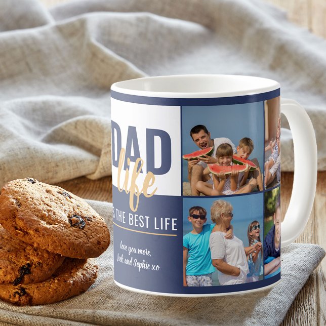 Pappa Life-citat 8 Photo Collage Blue Kaffemugg (Skapare uppladdad)