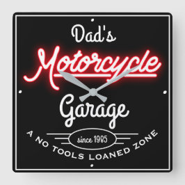 Pappa motorcykel Garage Red Faux Neon Black  Fyrkantig Klocka