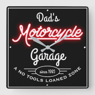 Pappa motorcykel Garage Red Faux Neon Black  Fyrkantig Klocka