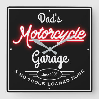 Pappa motorcykel Garage Red Faux Neon Black Fyrkantig Klocka