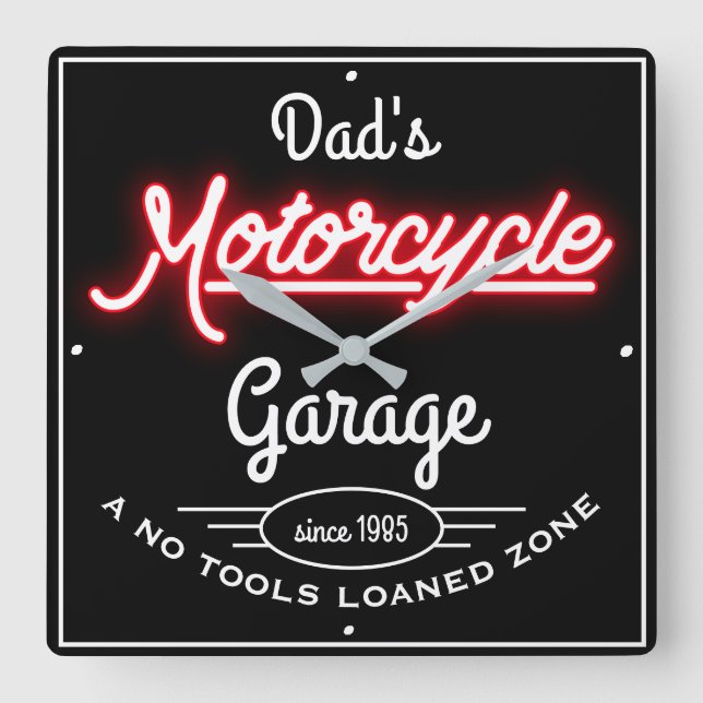 Pappa motorcykel Garage Red Faux Neon Black  Fyrkantig Klocka (Framsida)