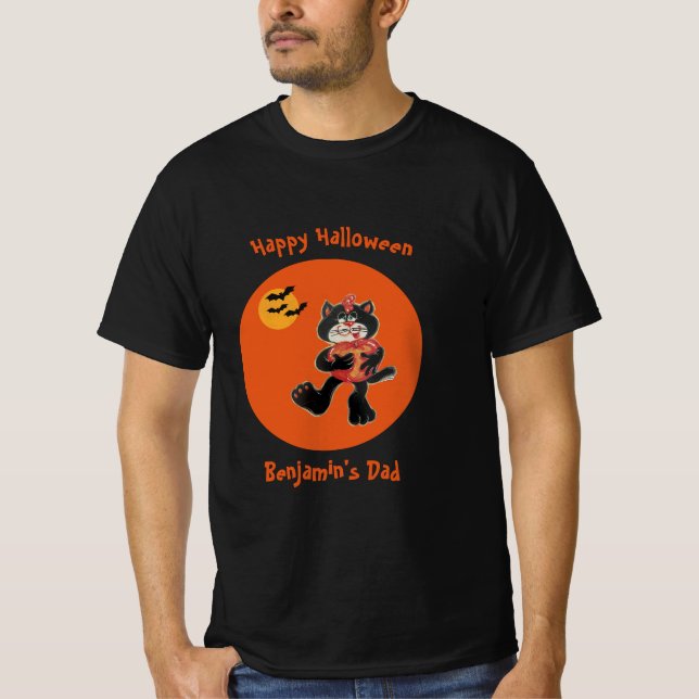 Pappa Namn Halloween Cute Black Cat Måne Fladdermu T Shirt (Framsida)