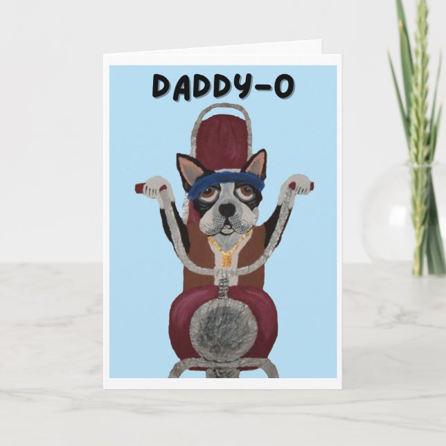 Pappa-O Glad fars dag Boston Terrier Motorcyklist Kort (Framsida)