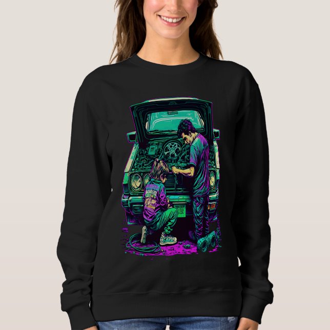 Pappa och dotter fixar bil Retro Pop Bilmekaniker T Shirt (Framsida)