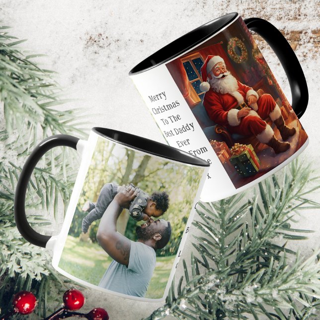Pappa och dotter Photo Santa Sitta vid elden Mugg (Front, Back And Side)