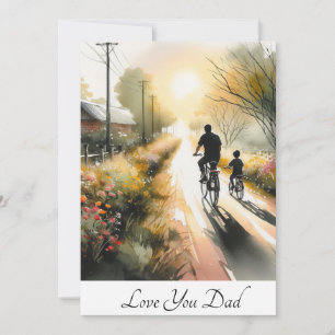 Pappa och Kid Cycling på Blommigt Väg Watercolor Julkort