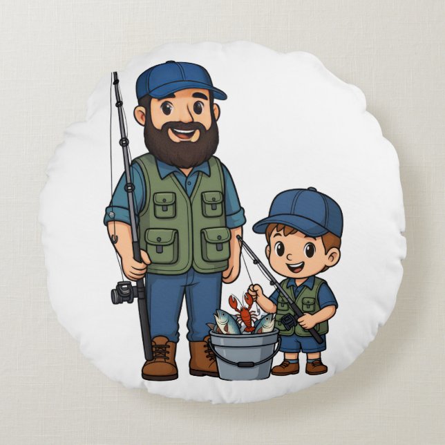 Pappa och Son Fiskedagen Rund Kudde (Framsidan)