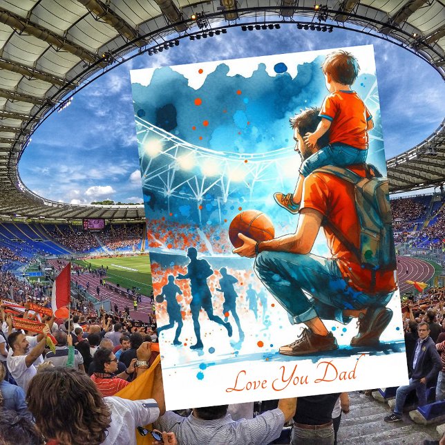 Pappa och son som tittar på fotbollsmatch i akvare julkort (Skapare uppladdad)