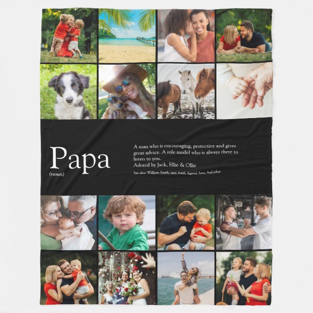 Pappa Papa Alltid Definition Foto Collage Svart Fleecefilt (Framsidan)