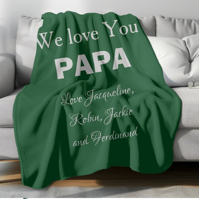 Pappa Pappa Pappa Far Gift Script Namn Coola Grönt Fleecefilt ('We Love You PAPA' personalized comfy green fleece blanket.)
