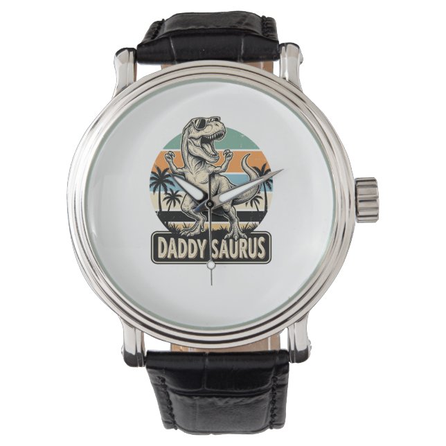 Pappa Saurus Retro Dinosaur Solnedgång T-Shirt Des Armbandsur (Framsida)