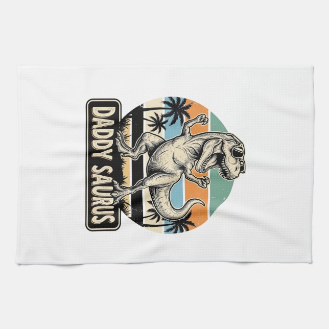 Pappa Saurus Retro Dinosaur Solnedgång T-Shirt Des Kökshandduk (Horisontell)