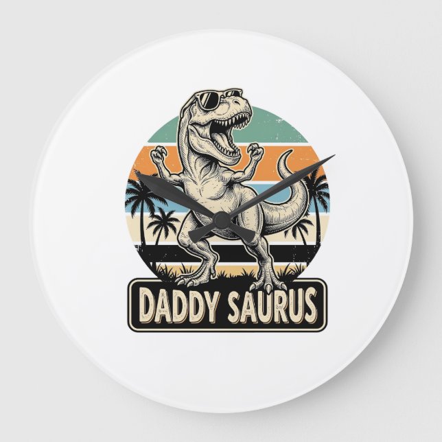 Pappa Saurus Retro Dinosaur Solnedgång T-Shirt Des Stor Klocka (Framsida)