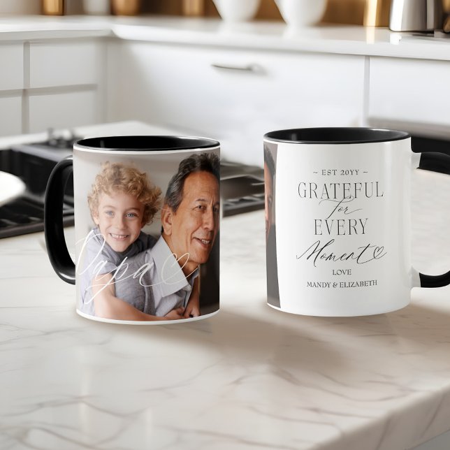 Pappa Script Heart tacksamt för varje ögonblick av Mugg (Papa Script Heart Grateful for Every Moment Photo Mug)