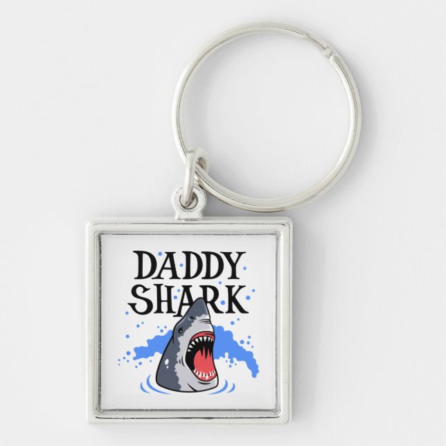 Pappa Shark - Underbarare vit Fyrkantig Silverfärgad Nyckelring (Framsidan)
