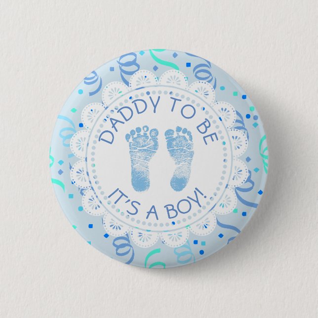 Pappa ska vara Blue Conetti Baby Shower Button Knapp (Framsida)