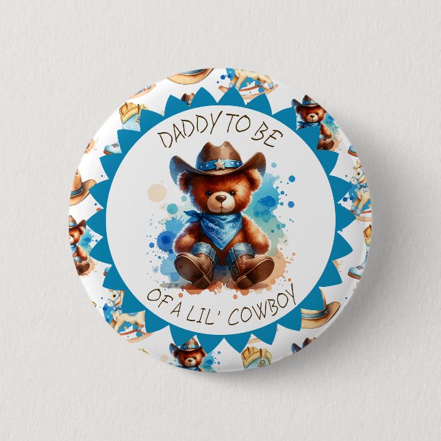 Pappa skall | Cowboy Nalle Boy's Baby Shower Knapp (Framsida)