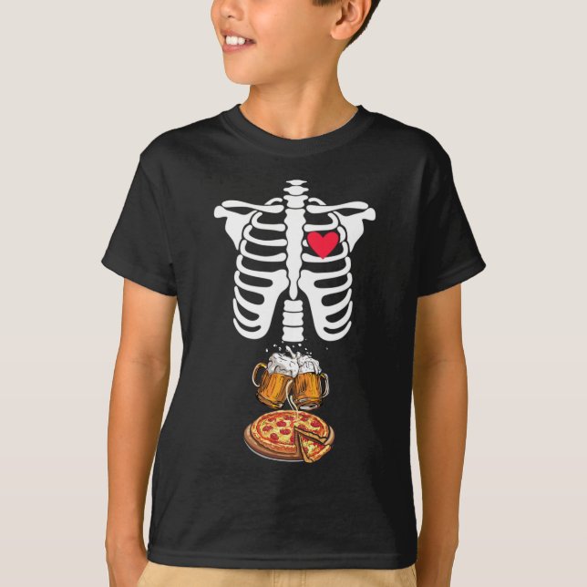 Pappa Skeleton Halloween Beer Pizza Funny Gravid T Shirt (Framsida)