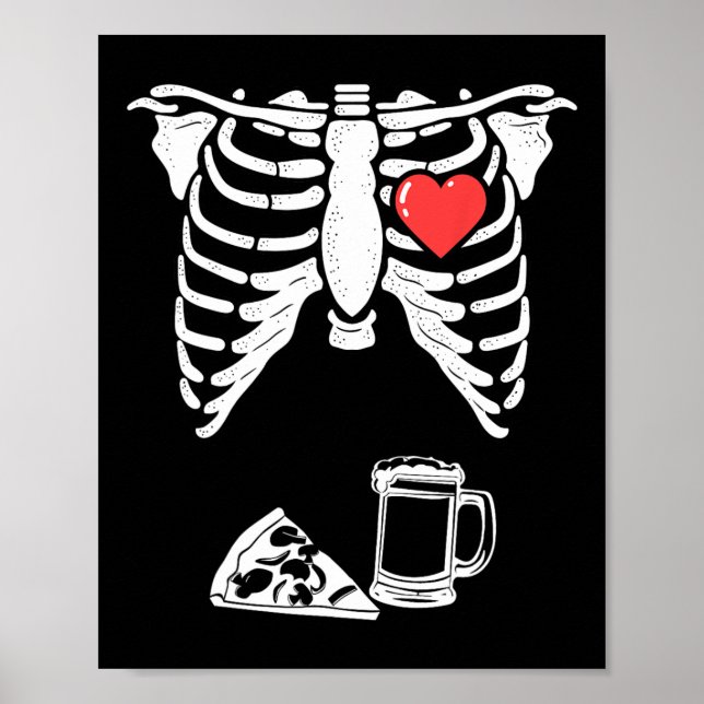 Pappa Skeleton Halloween Beer Pizza Roligt Gravid  Poster (Framsidan)