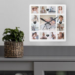 Pappa-skriptfamiljens minne Fotorutnät - kollage Fyrkantig Klocka<br><div class="desc">En vacker personlig till Pappa som han tar hand om i åratal till kom. Innehåller en modern 13-grafisk rutnätslayout till visning 13 av dina egna speciella fotominnen i familjen. "Pappa" designad i ett vackert handskrivet svart skript stil. Varje foto ramas med en enkel ram i guld-färgaden. Enkla svarta hjärtan och...</div>