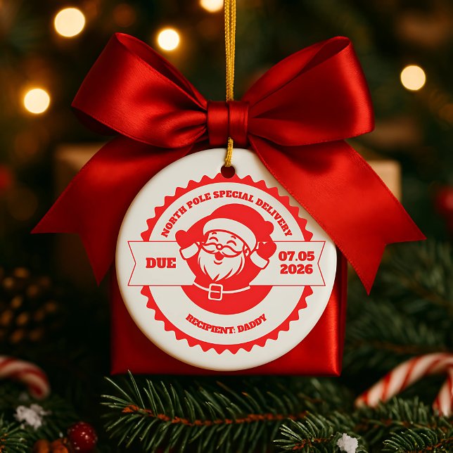 Pappa som ska bli Gravidens avisering jul Julgransprydnad Keramik (Dad-to-Be Pregnancy Announcement Christmas Ornament • North Pole “Special Delivery”)