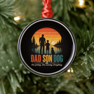 Pappa Son Hund Fiske Morgon Julgransprydnad Metall