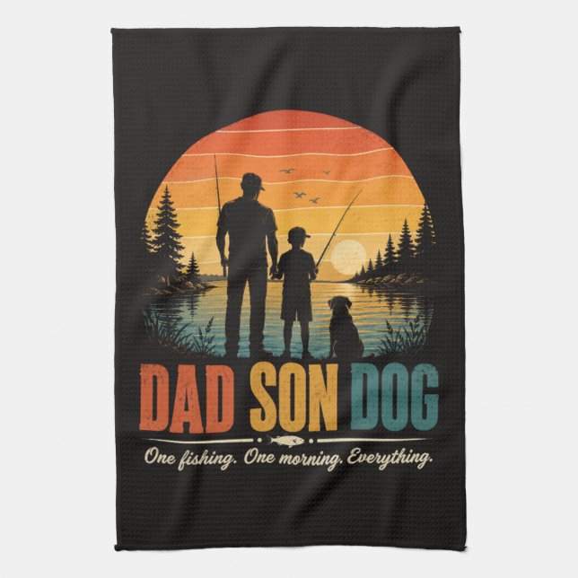 Pappa Son Hund Fiske Morgon Kökshandduk (Vertikal)