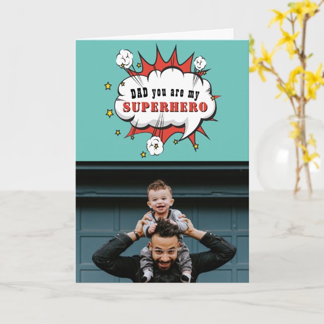 Pappa superhjälte Tecknad Tal Bubble Fars dag Ca Kort (Gul blomma)