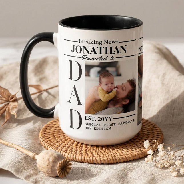 Pappa Tidningsfoto Collage Första Fars Dag Mugg (Dad Newspaper Photo Collage First Father's Day Mug)