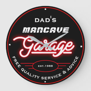 Pappa Valfri Namn Mancave Garage Red White Retro Stor Klocka